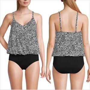 Lands End Blouson Fauxkini One Piece Swimsuit Size Medium NWOT Black Paisley